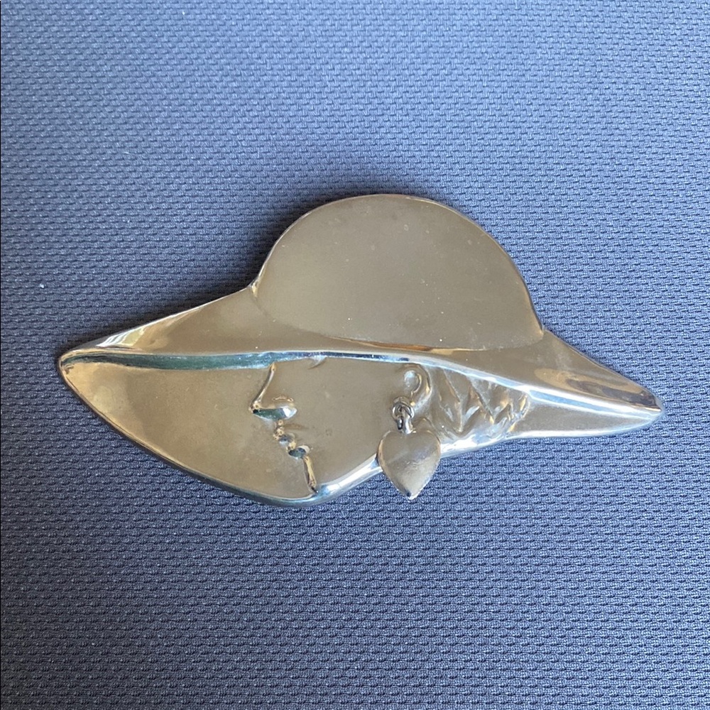Vintage Silver Lady With Hat & Heart Charm Dangling Earring Brooch
